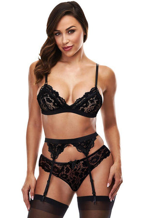 Hot Shot Black Lace Bralette, Garter & Panty